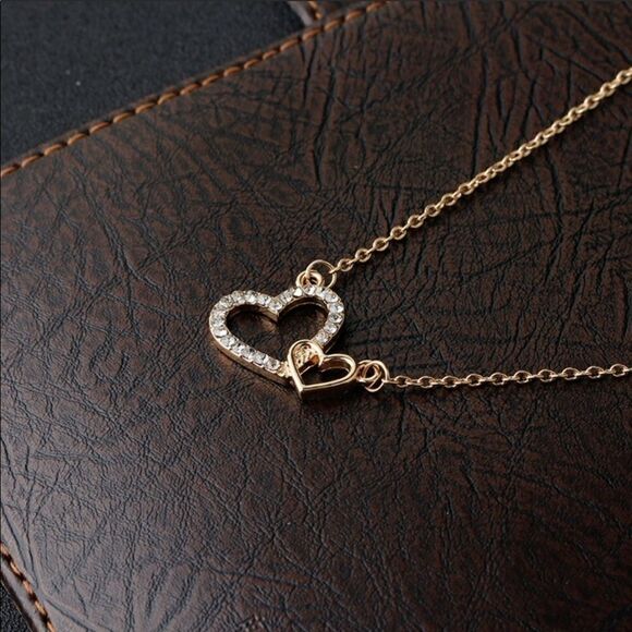 Necklace Double Heart Rhinestone Chic Versatile - Picture 1 of 3